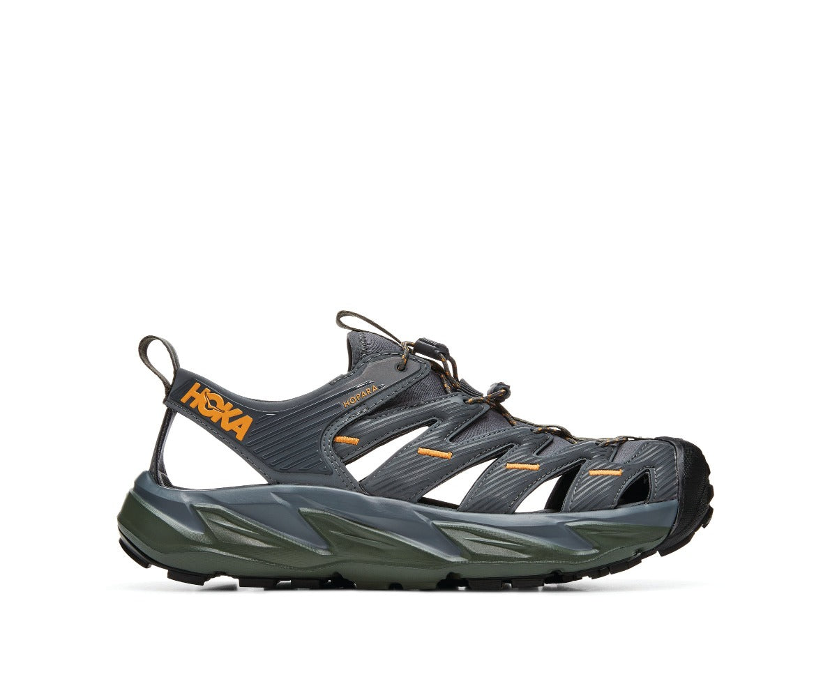 Lateral view of the Men's Hopara sandal by HOKA in the color Castlerock / Thyme