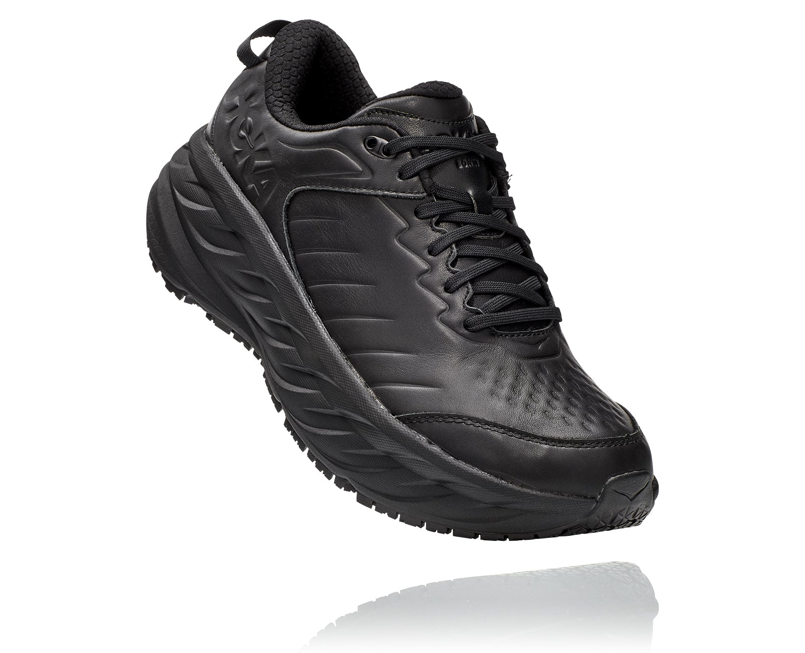 The Men's Hoka Bondi SR features a water-resistant leather upper along with a slip-resistant outsole.