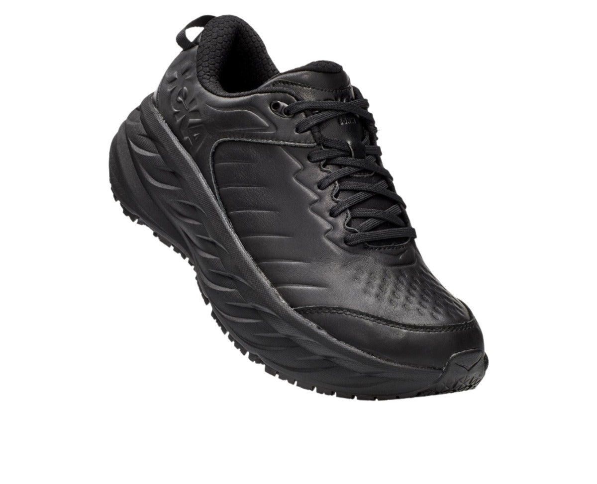 The Men's Hoka Bondi SR features a water-resistant leather upper along with a slip-resistant outsole