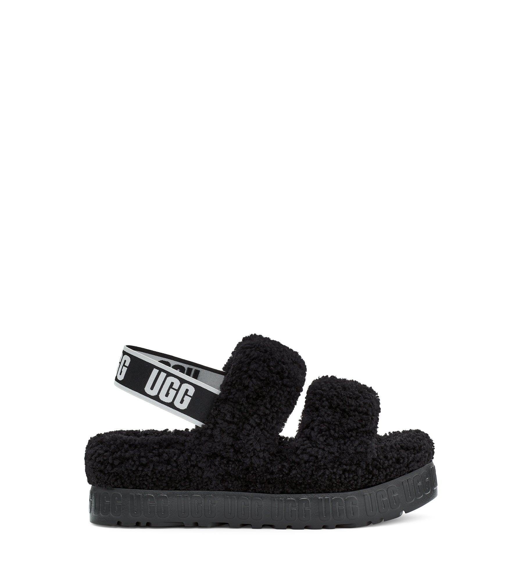 Ugg has merged the popular Oh Yeah and Fluffita, to get the Oh Fluffita.  This style offers the best of both worlds with its strappy silhouette, curly sheepskin, and cushioned platform sole. Featuring a contoured footbed for a custom feel, it's lined with curly sheepskin and punctuated with graphic logo detailing, adding a bold statement to any look.
