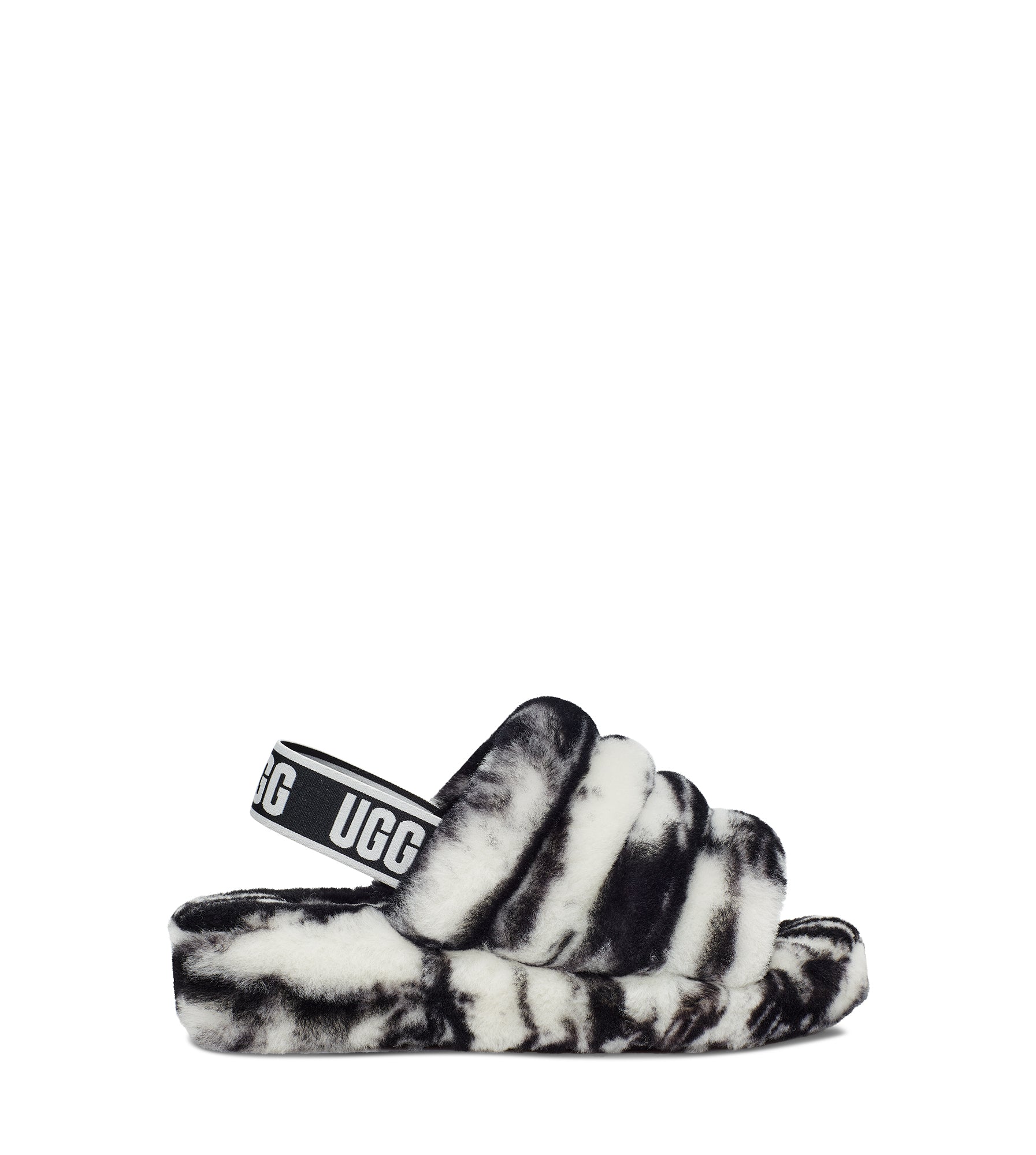 Combining slipper and sandal into a cozy statement shoe, Ugg's Fluff Yeah is as good as it sounds and as soft as it looks. Updated with multicolor fluff that blends together as seamlessly as the colorful Californian landscape, it features plush, marble-print sheepskin on a lightweight platform to keep things airy. 