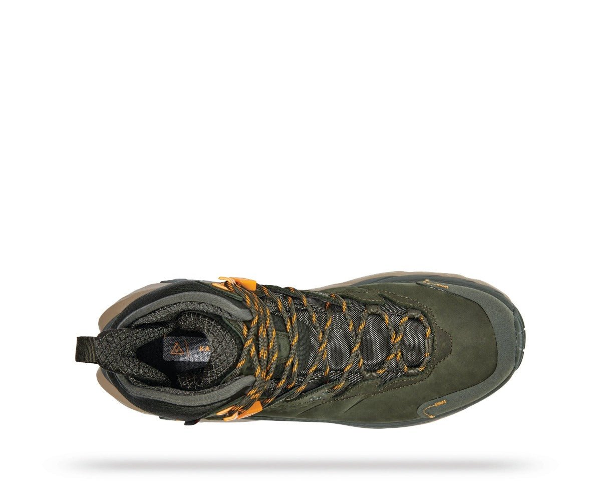 Top view of the Men's HOKA Kaha 2 Gore-Tex hiking shoe in the color Duffel Bag / Radiant Yellow