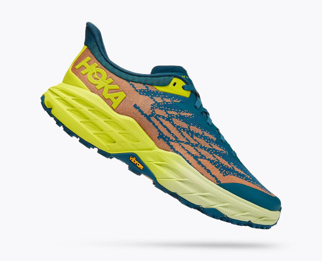 Lateral view of the Men's Speedgoat 5 trail shoe by HOKA in the color Blue Coral / Evening Primrose