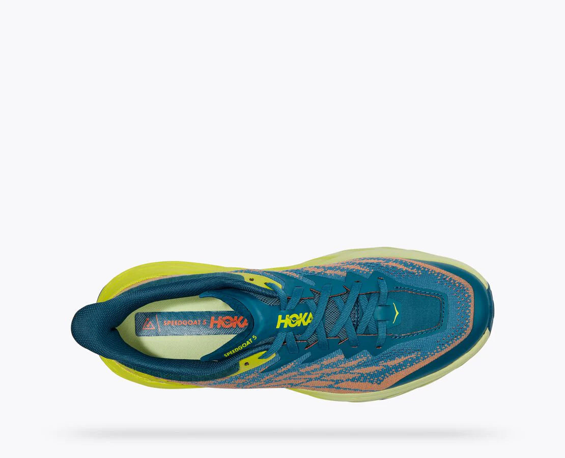 Top view of the Men's Speedgoat 5 trail shoe by HOKA in the wide "2E" width, color Blue Coral / Evening Primrose