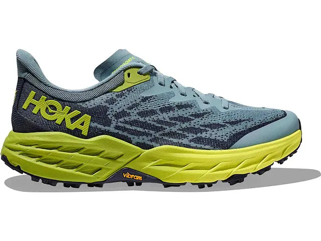Lateral view of the Men's Speedgoat 5 trail shoe by HOKA in the color Stone Blue / Dark Citron