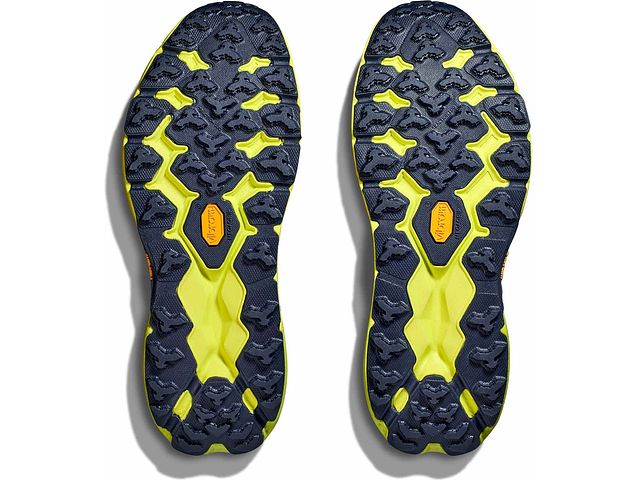 Bottom (outer sole) view of the Men's Speedgoat 5 trail shoe by HOKA in the color Stone Blue / Dark Citron