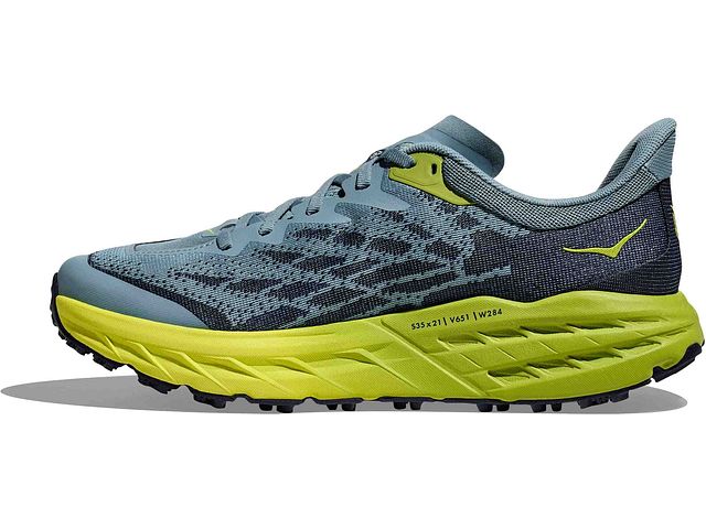 Medial view of the Men's Speedgoat 5 trail shoe by HOKA in the color Stone Blue / Dark Citron