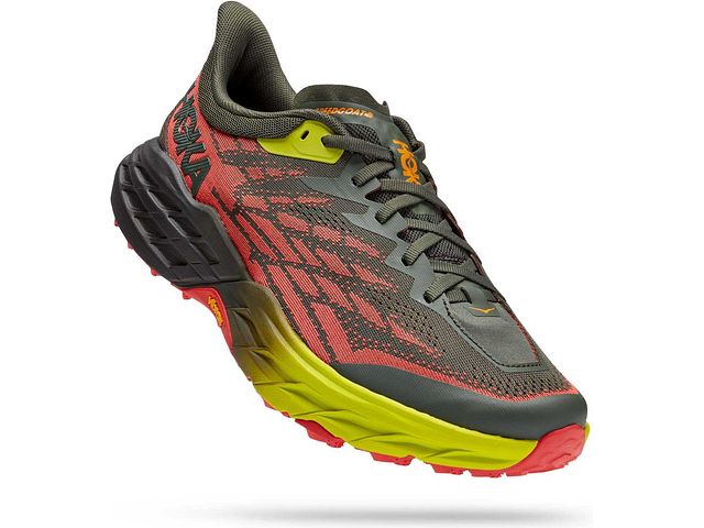 Lateral angled view of the Men's Speedgoat 5 trail shoe by HOKA in the color Thyme / Fiesta