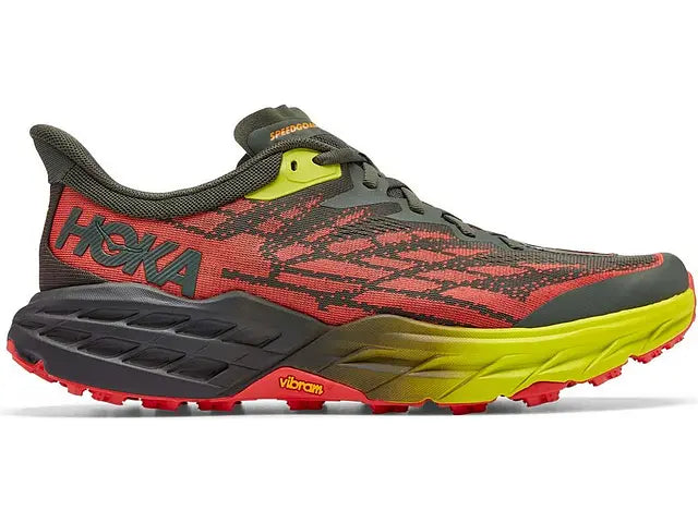Lateral view of the Men's Speedgoat 5 trail shoe by HOKA in the color Thyme / Fiesta