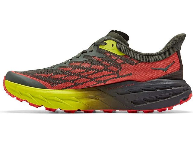 Medial view of the Men's Speedgoat 5 trail shoe by HOKA in the color Thyme / Fiesta