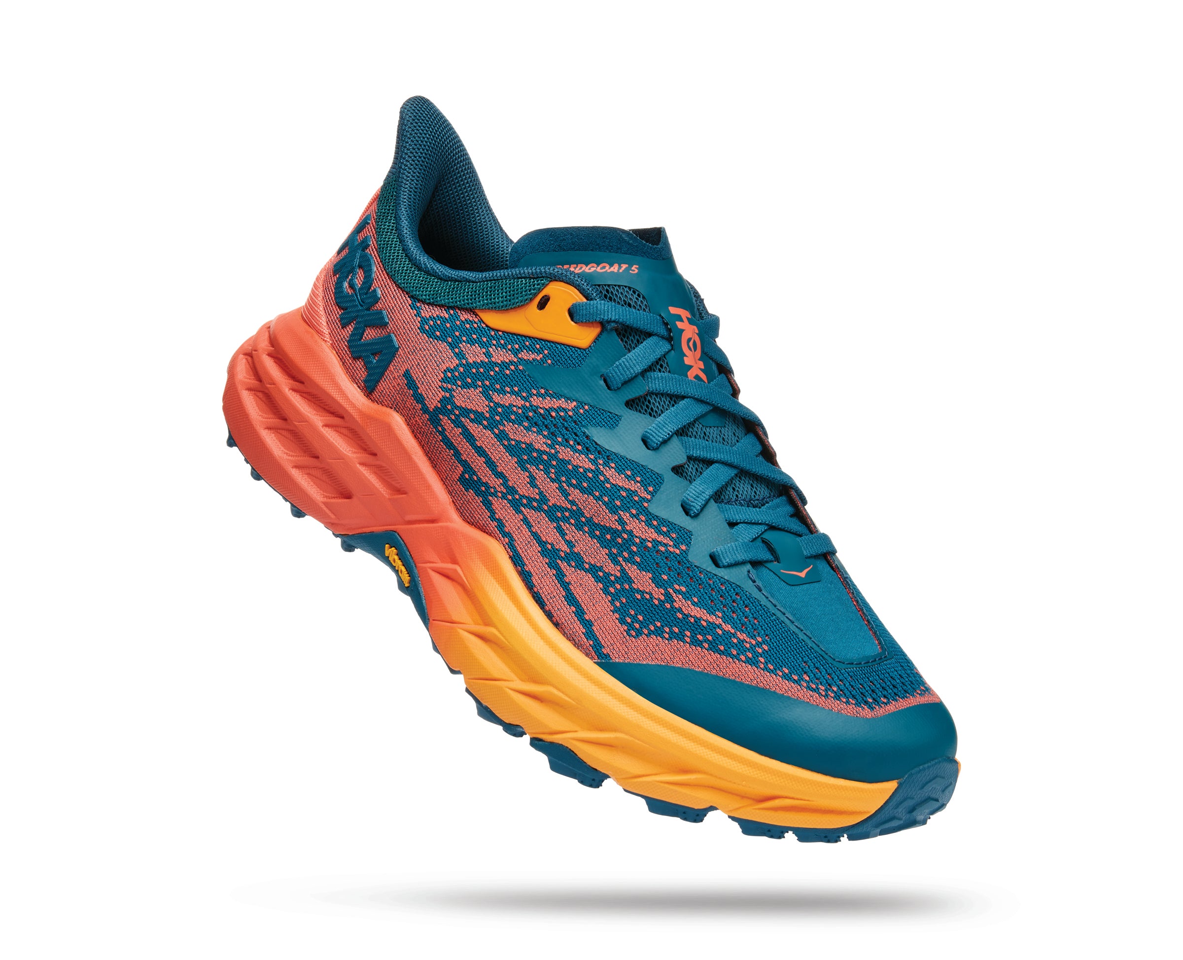 Lateral angled view of the Women's Speedgoat 5 by HOKA in the color Blue Coral / Camellia