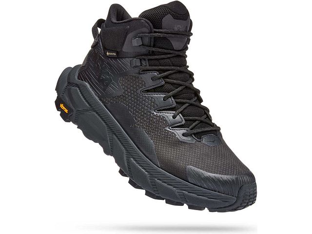 Lateral angled view of the Men's Trail Code GTX hiking boot from HOKA in the color Black / Raven
