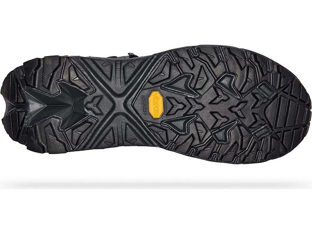 Bottom (outer sole) view of the Men's Trail Code GTX hiking boot from HOKA in the color Black / Raven