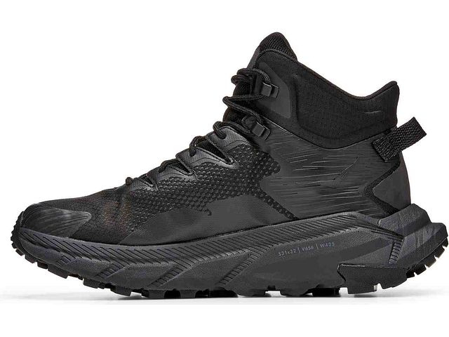 Medial view of the Men's Trail Code GTX hiking boot from HOKA in the color Black / Raven