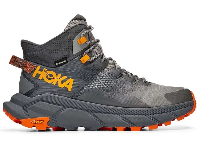 Lateral view of the Men's Trail Code GTX hiking boot by HOKA in the color Castlerock/Persimmon Orange