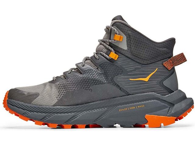 Medial view of the Men's Trail Code GTX hiking boot by HOKA in the color Castlerock/Persimmon Orange