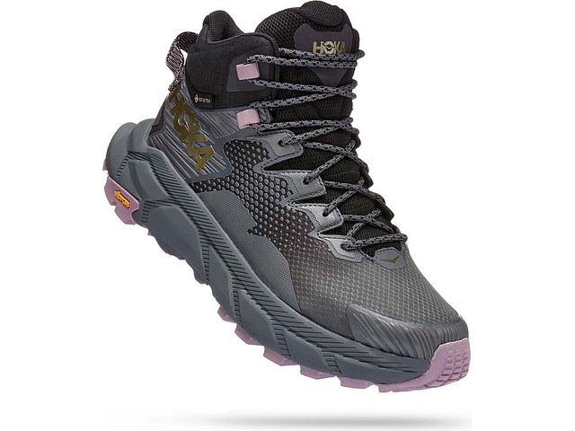 Lateral angled view of the Women's Trail Code GTX hiking boot by HOKA in the color Black/Castlerock