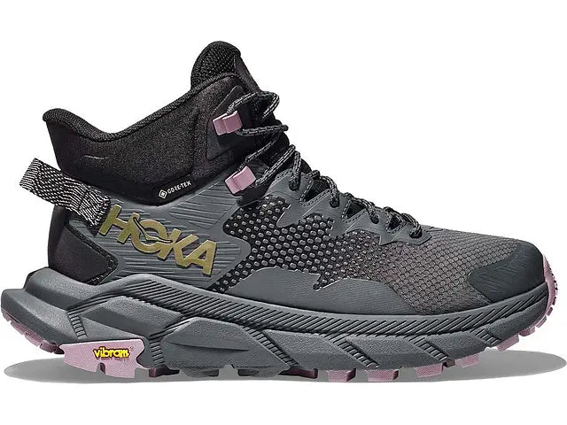 Lateral view of the Women's Trail Code GTX hiking boot by HOKA in the color Black/Castlerock