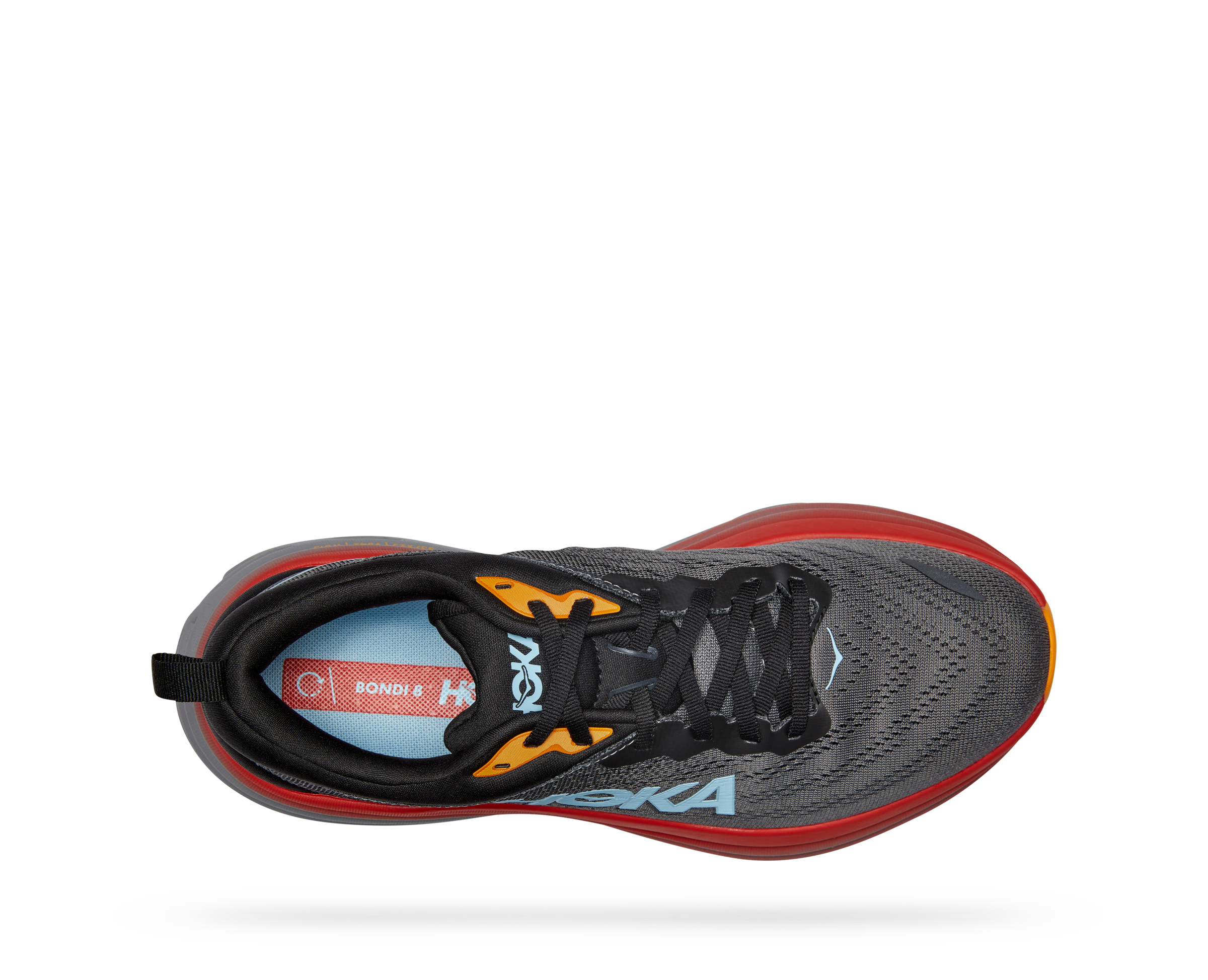 This is a top down view of the Hoka Bondi 8. The Hoka Bondi 8 is a ultra-cushioned game-changer. One of the hardest working shoes in the HOKA lineup, the Men's Bondi 8 takes a bold step forward this season reworked with softer, lighter foams and a brand-new extended heel geometry. 