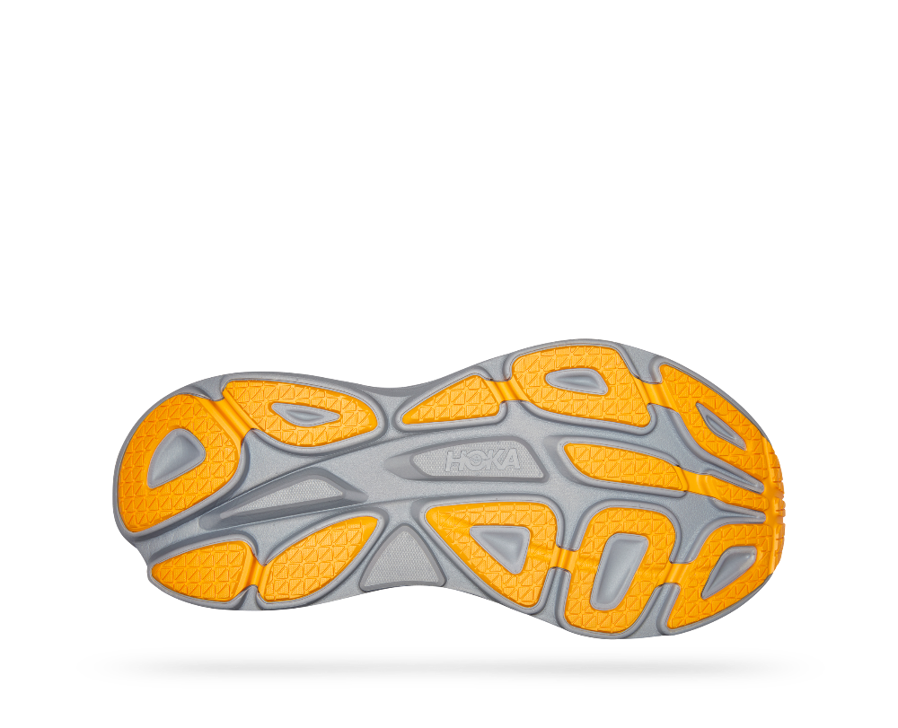 This view is of the Outsole of the mens Hoka Bondi 8.  It is grey with pods that are orange