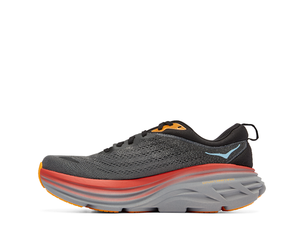 This is the medial view of the Men's Hoka Bondi 8 in a charcoal ,red and grey color.