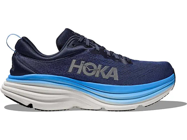 Lateral view of the Men's HOKA Bondi 8 in the color OUTER SPACE/ALL ABOARD in the wide 2E width