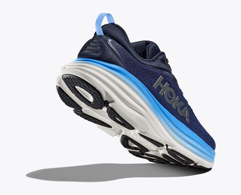 Back angled view of the Men's HOKA Bondi 8 in the color Outer Space/All Aboard