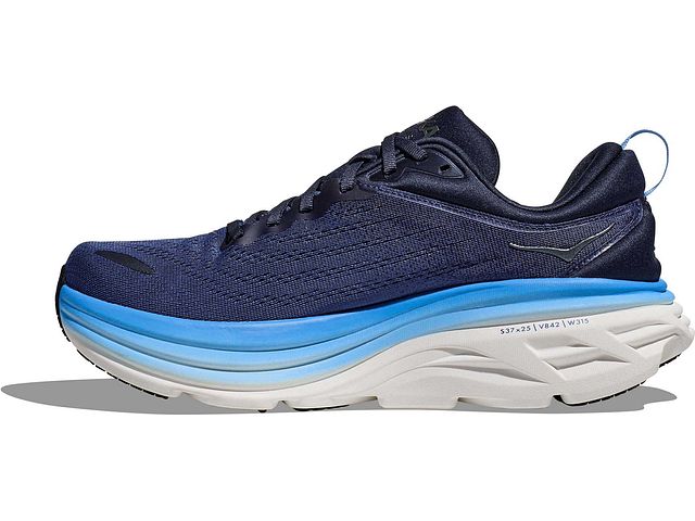 Medial view of the Men's HOKA Bondi 8 in the color OUTER SPACE/ALL ABOARD in the wide 2E width