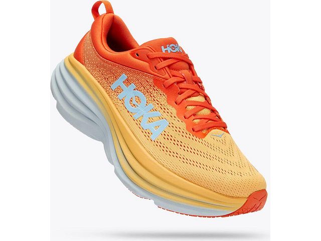 Lateral angled view of the Men's Bondi 8 wide "2E" width by HOKA in the color Puffin's Bill / Amber Yellow