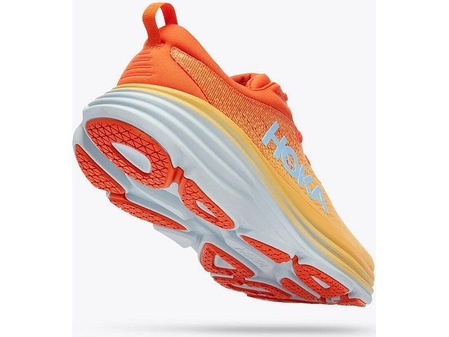 Back angled view of the Men's Bondi 8 wide "2E" width by HOKA in the color Puffin's Bill / Amber Yellow