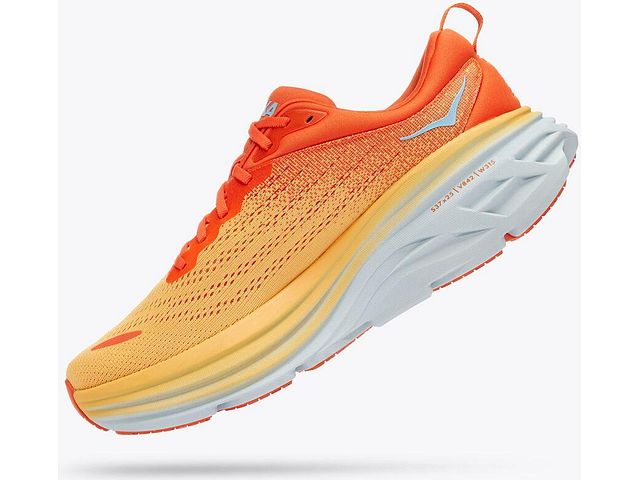 Medial angled view of the Men's Bondi 8 wide "2E" width by HOKA in the color Puffin's Bill / Amber Yellow