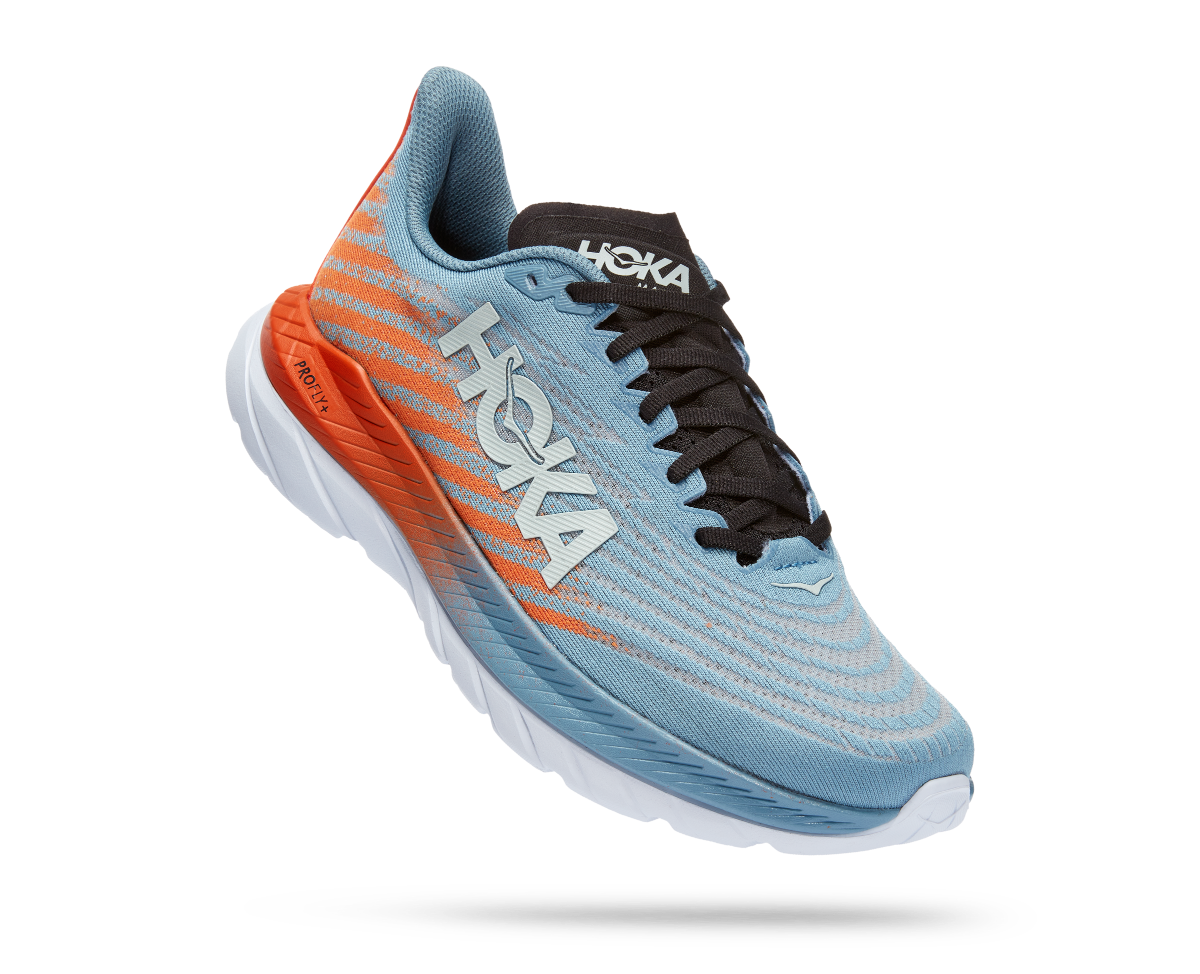 ﻿The Men's Mach 5 from Hoka is a lively pavement pounder built for performance and ready to race. Sporting a stripped back creel mesh upper and lay-flat tongue, the Mach 5 delivers a snappy ride with PROFLY’s stacked midsole setup, offering a lightweight, and responsive foam directly underfoot.