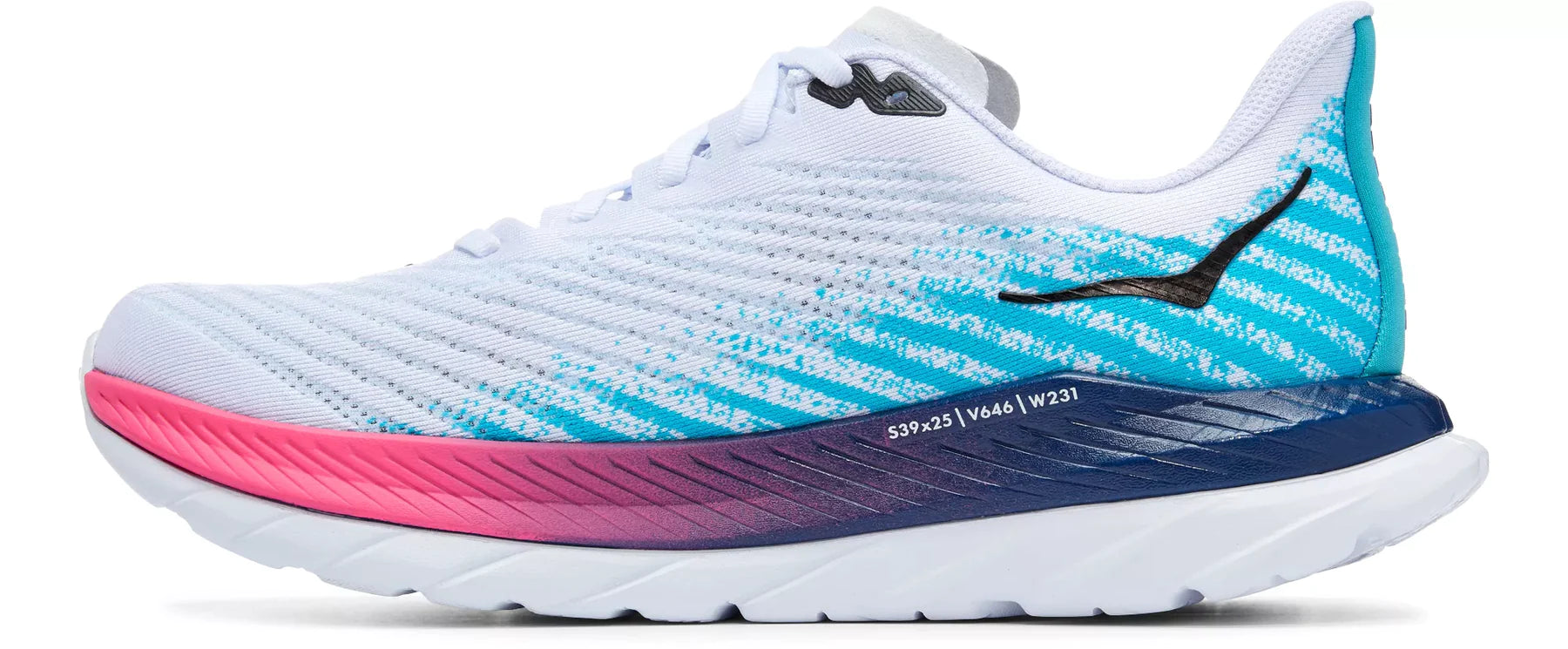 Medial view of the Men's HOKA Mach 5 in the color White / Scuba