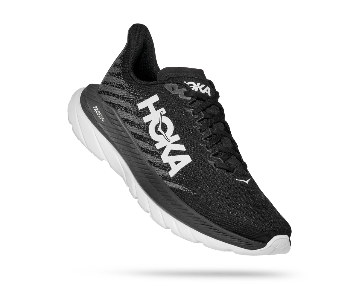 Lateral angled view of the Women's HOKA Mach 5 in the wide "D" width, color Black/Castlerock