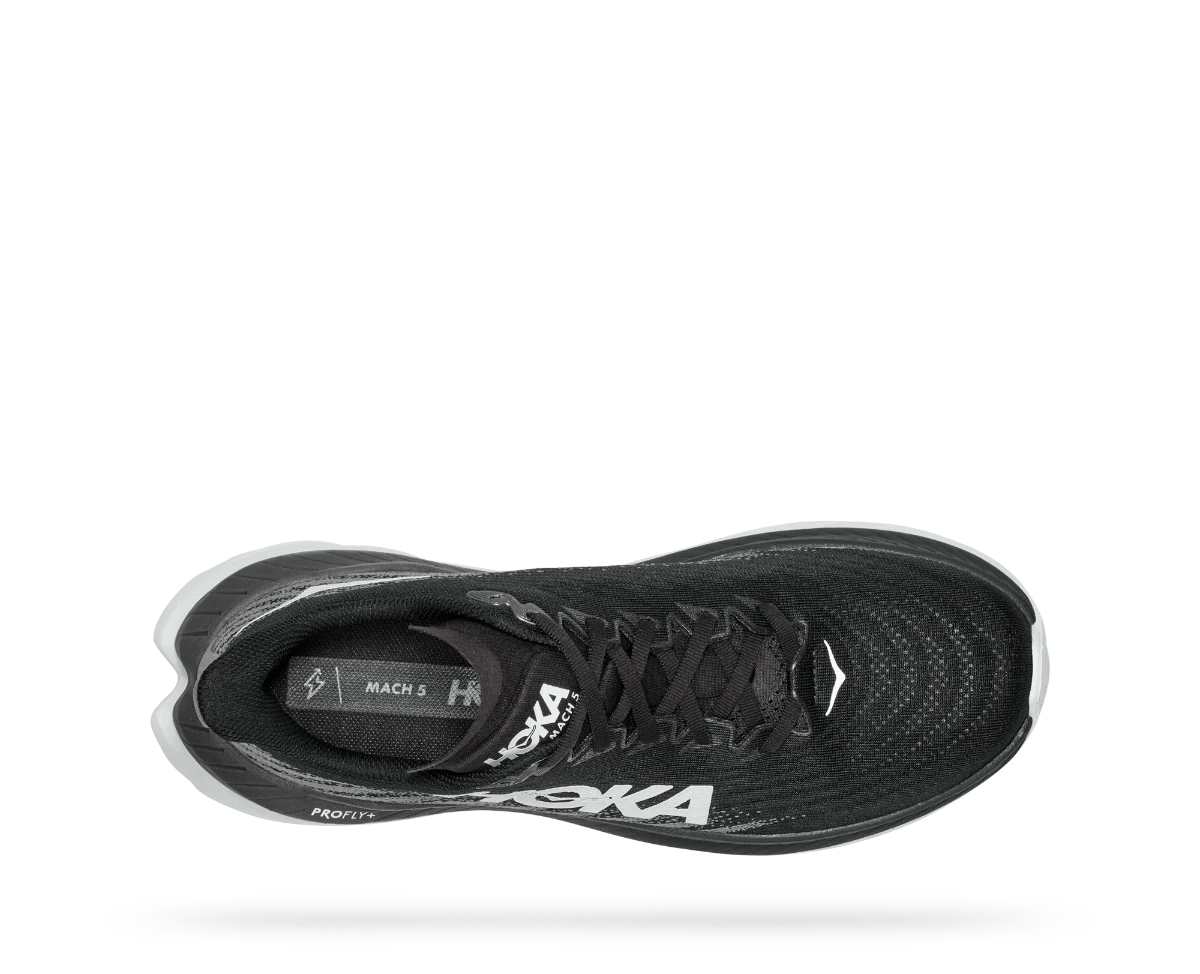 Top view of the Women's HOKA Mach 5 in the wide "D" width, color Black/Castlerock