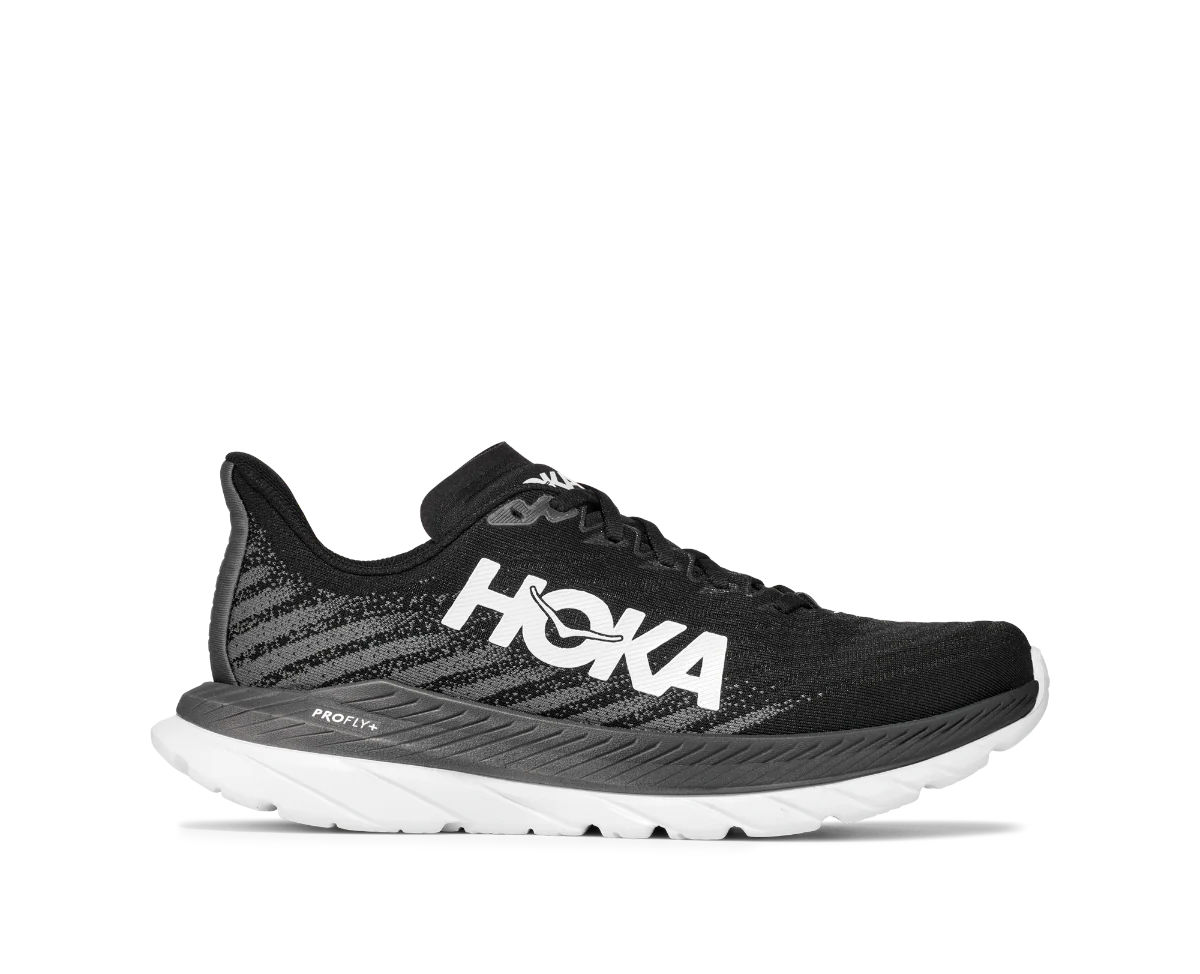 Lateral view of the Women's HOKA Mach 5 in the wide "D" width, color Black/Castlerock