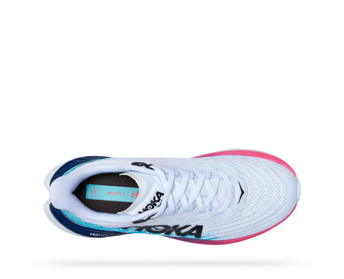 The women's Mach 5 from Hoka is a lively pavement pounder built for performance and ready to race. Sporting a stripped back creel mesh upper and lay-flat tongue, the Mach 5 delivers a snappy ride with PROFLY’s stacked midsole setup, offering a lightweight, and responsive foam directly underfoot.