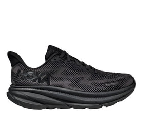 Lateral view of the Men's Clifton 9 in the color Black/Black