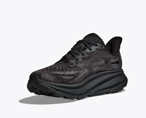 Front angled view of the Men's HOKA Clifton 9 in the wide 2E width, in the color Black/Black