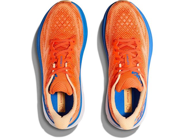 Top view of the Men's HOKA Clifton 9 in the wide "2E" width, color Vibrant Orange/Impala