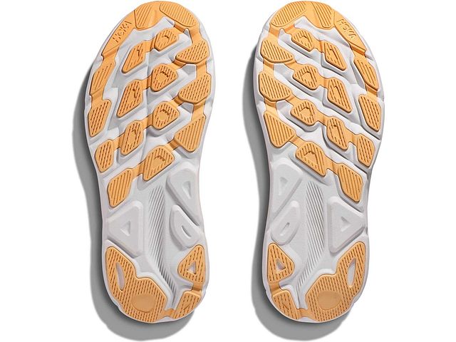 Bottom (outer sole) view of the Men's HOKA Clifton 9 in the color Vibrant Orange/Impala