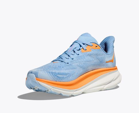 Front angled view of the Women's HOKA Clifton 9 in the color Airy Blue/Ice Water