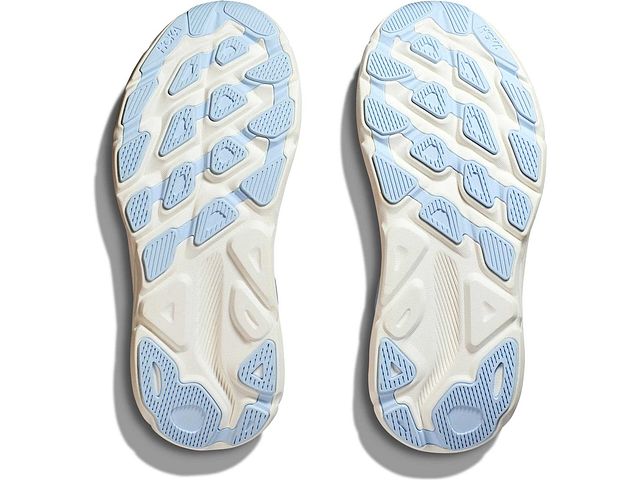 Bottom (outer sole) view of the Women's HOKA Clifton 9 in the color Airy Blue/Ice Water