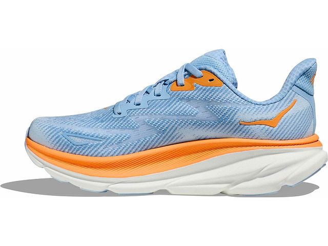 Medial view of the Women's HOKA Clifton 9 in the color Airy Blue/Ice Water