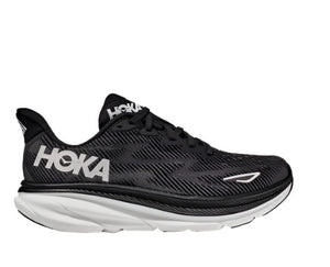 Lateral view of the Women's HOKA Clifton 9 in the color Black/White