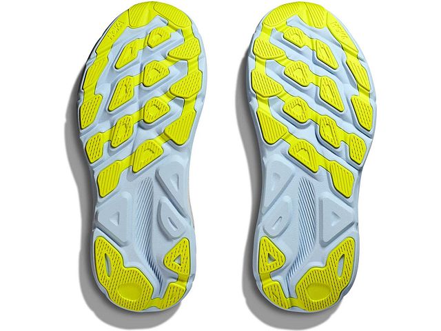 Bottom (outer sole) view of the Women's HOKA Clifton 9 in the color Nimbus Cloud/Ice Water