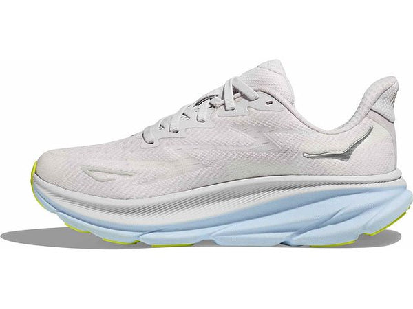 Medial view of the Women's HOKA Clifton 9 in the wide "D" width, color Nimbus Cloud/Ice Water