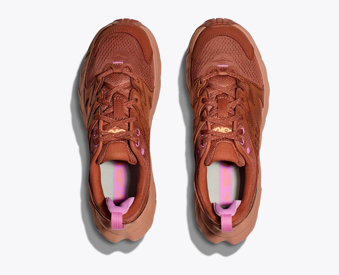 Top view of the Women's HOKA Anacapa Breeze Low trail shoe in the color Baked Clay/Cork