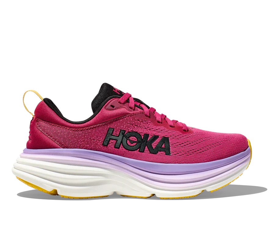 Lateral view of the Women's HOKA Bondi 8 in the color Cherries Jubilee/Pink Yarrow