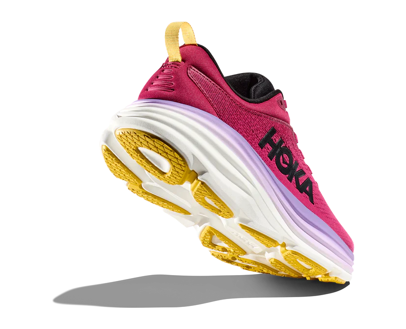 Back angled view of the Women's HOKA Bondi 8 in the color Cherries Jubilee/Pink Yarrow